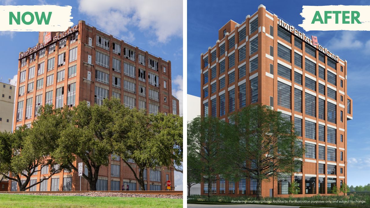 Before and after conceptual rendering of the Imperial Sugar Char House.