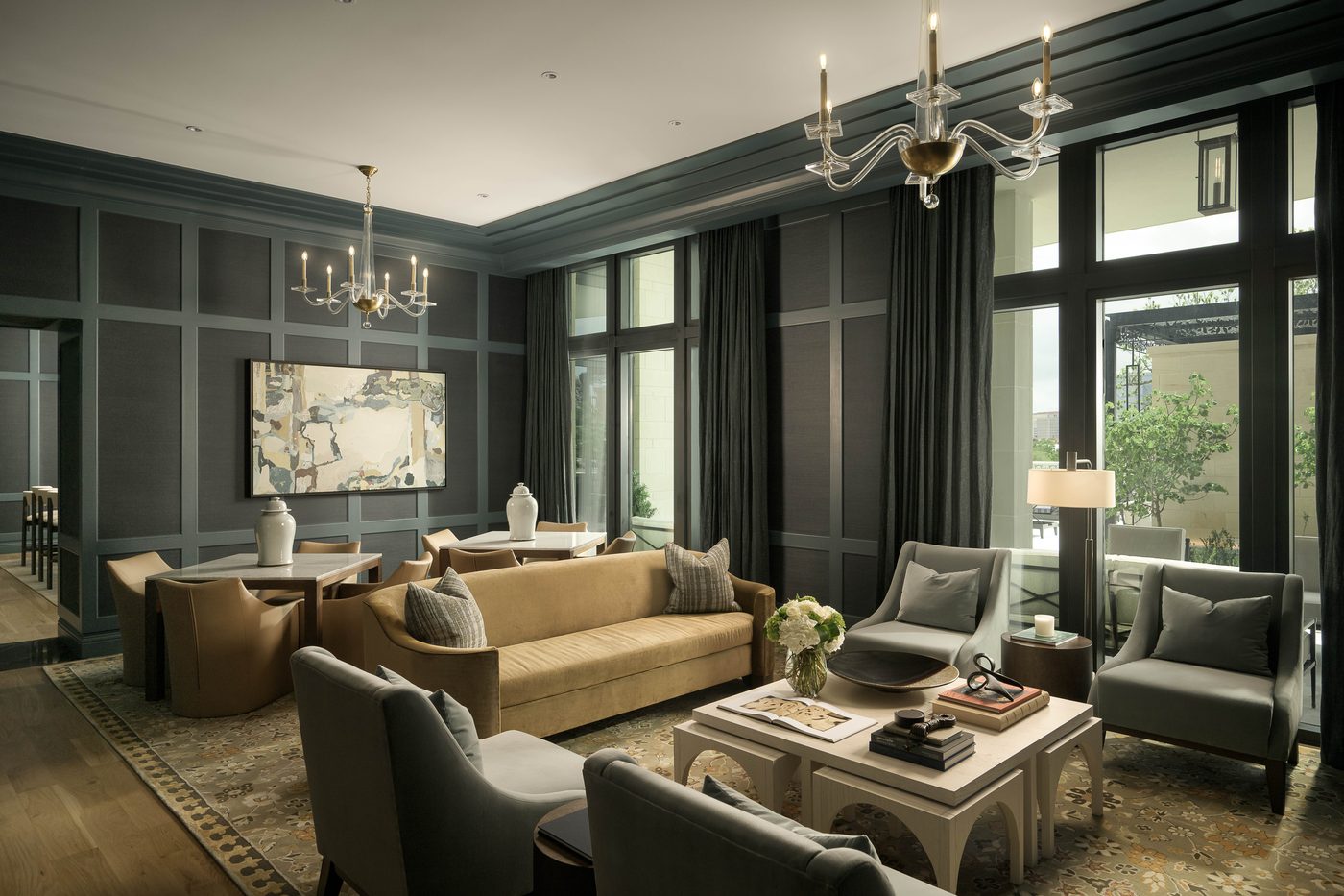 A lounge area at The Langley apartment high-rise near Rice University.